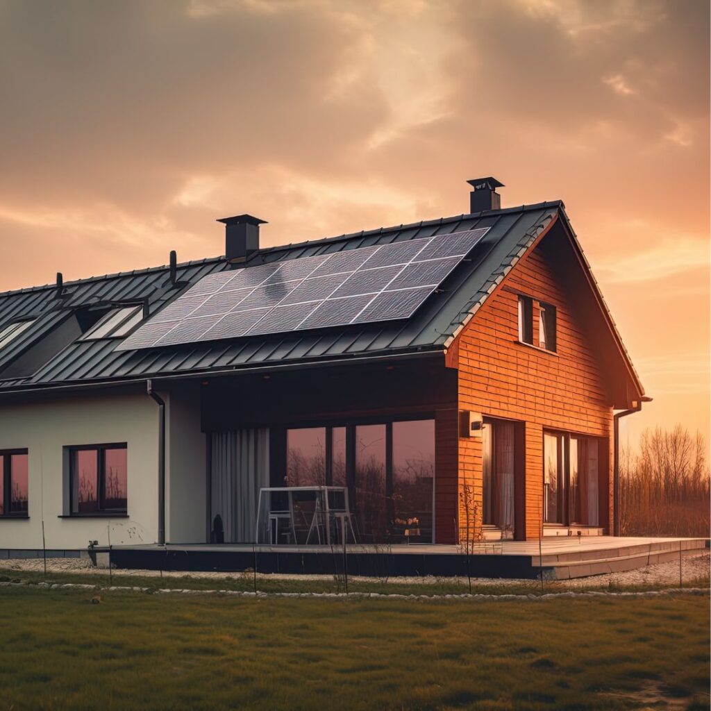 farmhouse at sunset with solar panels